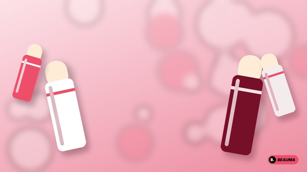 Illustration of four unbranded balm sticks in white, pink and burgundy on a soft pink blurred background