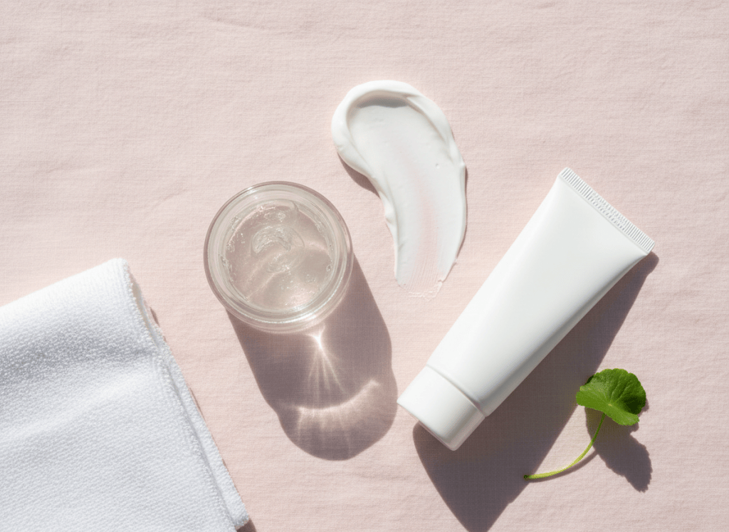 Flat-lay of a soothing gel, barrier cream and plain sunscreen tube on pink linen with a centella leaf