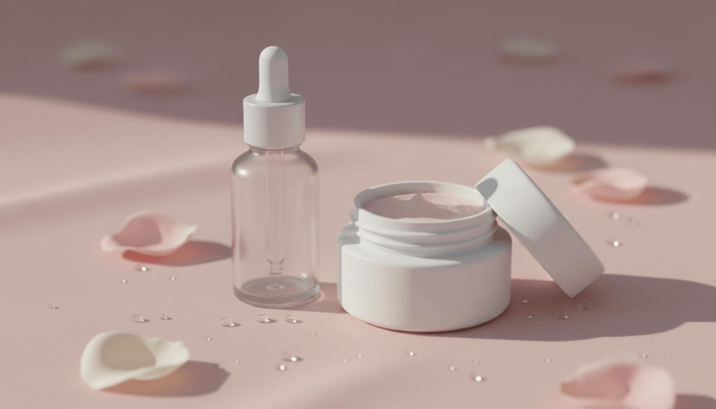 Unlabeled glass dropper bottle and white cream jar on blush-pink silk with water droplets and rose petals